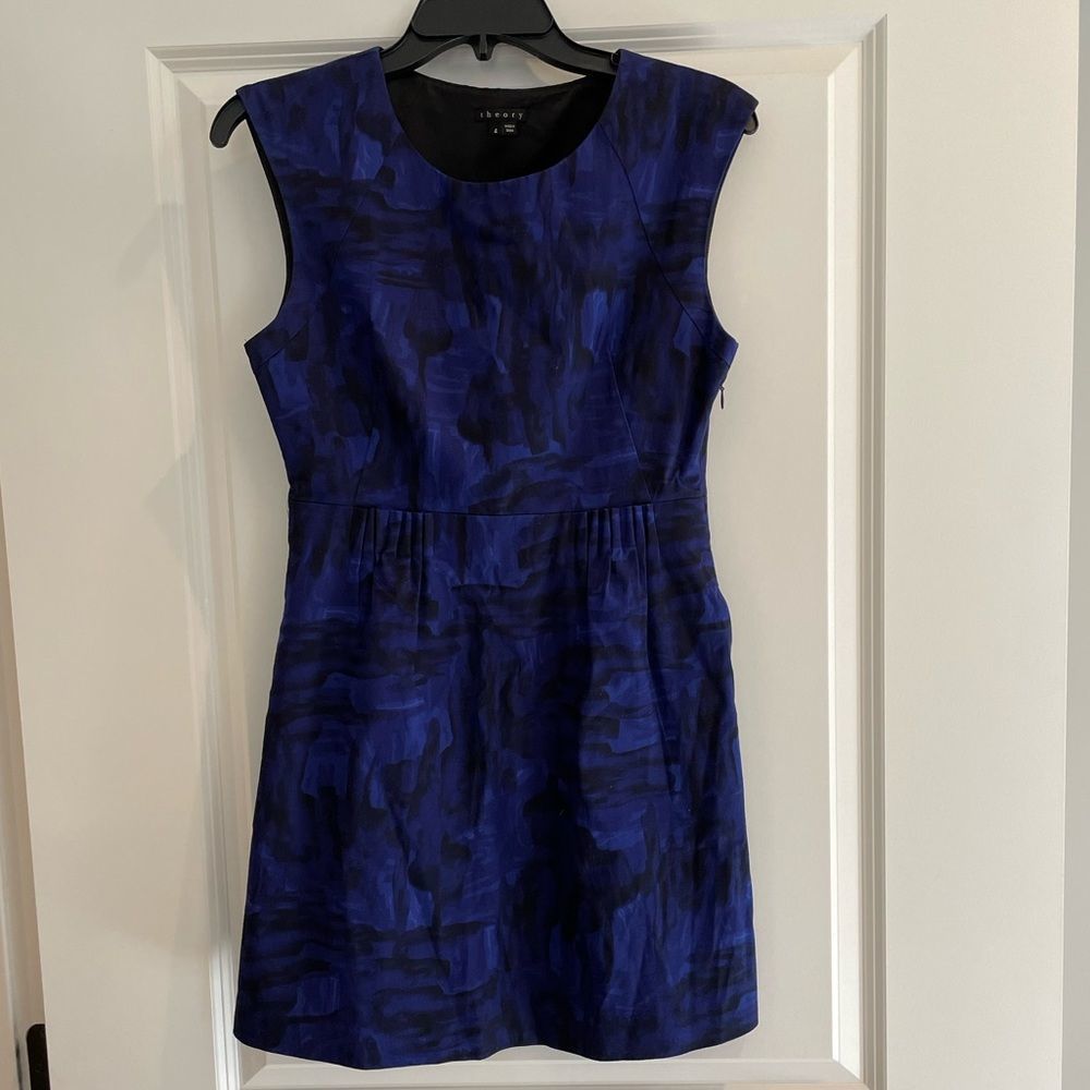 Theory Work Dress- Blue and black Watercolor Pattern